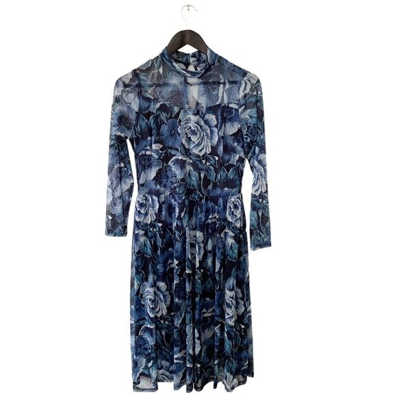 Kate and Lily Blue Black Floral High Neck Long  Sleeve Midi Dress - Picture 1 of 8